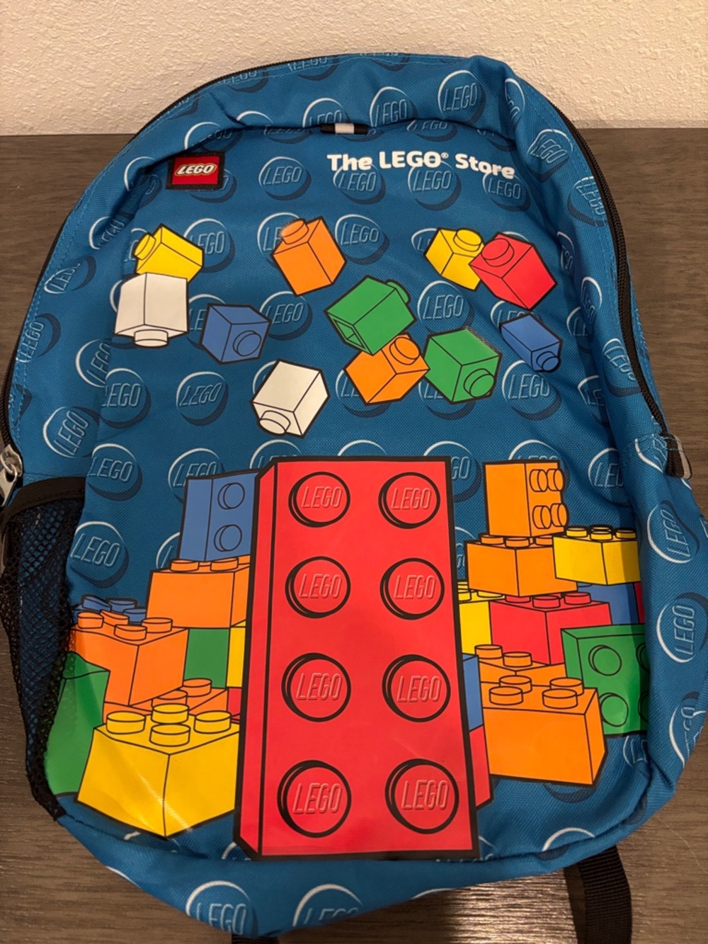 Lego Blue Backpack with Red, Yellow, Green & Orange Brick Graphics